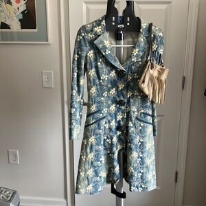 Nanette Lepore Boho Chic Floral Embroidered Denim Coat Trench 4